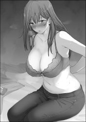 Rule 34 | 1girl, arms behind back, bare shoulders, bed, belt, blush, bra, breasts, cleavage, collarbone, commentary request, condom box, denim, duplicate, greyscale, hair between eyes, highres, jeans, large breasts, long hair, mature female, mobu, monochrome, navel, okamoto condoms, original, pants, removing bra, shirt, sidelocks, sitting, solo, stomach, sweat, underwear