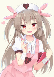 Rule 34 | &gt; &lt;, 1girl, :d, apron, armband, blush, brown background, center frills, collarbone, collared shirt, commentary, fang, frills, gradient background, hair between eyes, hair ornament, hands up, hat, heart, holding, holding syringe, ikazu401, light brown hair, long hair, natori sana, nurse cap, open mouth, pink apron, puffy short sleeves, puffy sleeves, rabbit hair ornament, red eyes, sana channel, shirt, short sleeves, smile, solo, syringe, two side up, very long hair, virtual youtuber, white hat, white shirt