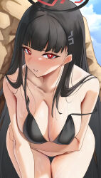 Rule 34 | 1girl, absurdres, arm under breasts, bikini, bikini top only, black bikini, black hair, blue archive, blue sky, blush, bottomless, breasts, cleavage, collarbone, commentary request, day, hair ornament, hairclip, halo, highres, katagirinanoka, large breasts, leaning forward, long hair, looking at viewer, outdoors, parted lips, partial commentary, red eyes, rio (blue archive), rock, sky, solo, strap slip, swimsuit, thigh gap, very long hair