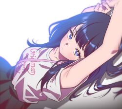 Rule 34 | 1girl, andrian januar adilia, armpits, arms up, black hair, black skirt, blue eyes, closed mouth, collarbone, commentary, dutch angle, english commentary, gridman universe, hair flowing over, long hair, looking at viewer, lying, pleated skirt, shadow, shirt, short sleeves, skirt, solo, ssss.gridman, strap, takarada rikka, upper body, white shirt