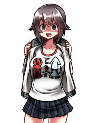 Rule 34 | 10s, 1girl, animal print, brown eyes, brown hair, clothes writing, gym shirt, hayasui (kancolle), jacket, kantai collection, octopus, open clothes, open jacket, open mouth, shaded face, shirt, simple background, skirt, solo, sparkle, squid, track jacket, yokai (yokai0401)