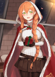 Rule 34 | 1girl, :d, bad proportions, belt, belt pouch, black pantyhose, black skirt, blurry, blurry background, blush, braid, breasts, cloak, gift, girls&#039; frontline, green eyes, highres, indoors, large breasts, long hair, long sleeves, looking at viewer, miniskirt, official alternate costume, open mouth, orange hair, pantyhose, poco (backboa), pouch, red cloak, ribbed sweater, skirt, smile, solo, springfield (girls&#039; frontline), springfield (o holy night) (girls&#039; frontline), sweater, very long hair, white sweater