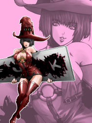 Rule 34 | 1girl, bare shoulders, black hair, blue eyes, boots, breasts, cleavage, dress, english text, guilty gear, hat, i-no, medium breasts, mole, profanity, red hat, red thighhighs, short dress, short hair, sign, solo, thigh boots, thighhighs, tzxccx, witch hat, zoom layer