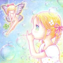 Rule 34 | 2girls, acrylic paint (medium), blonde hair, blowing, blue eyes, blunt bangs, bow, braid, bubble, blowing bubbles, butterfly wings, closed eyes, clover, colorful, fairy, flower, green eyes, hair bow, hair flower, hair ornament, holding, insect wings, leica, long hair, multicolored eyes, multiple girls, nude, original, painting (medium), pastel (medium), pink bow, pink ribbon, puffy short sleeves, puffy sleeves, ribbon, shirt, short sleeves, smile, sparkle, symbol-shaped pupils, traditional media, twin braids, watercolor pencil (medium), white shirt, wings