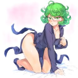 Rule 34 | 1girl, ass, bed, black dress, blush, breasts, clothes pull, collarbone, crawling, curly hair, dress, dress pull, green eyes, green hair, highres, looking at viewer, mogudan, one-punch man, shoes, short hair, sketch, small breasts, solo, tatsumaki, thighs, white background