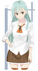 Rule 34 | 10s, 1girl, aqua eyes, aqua hair, brown skirt, brown thighhighs, cowboy shot, earrings, green eyes, hair ornament, hairclip, hand on own hip, isshiki (ffmania7), jewelry, kantai collection, long hair, long sleeves, looking at viewer, no jacket, pleated skirt, school uniform, signature, skirt, sleeves rolled up, smile, solo, standing, suzuya (kancolle), thighhighs, twitter username, zettai ryouiki