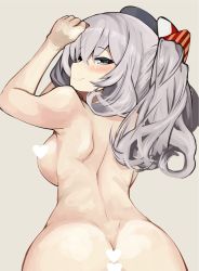 Rule 34 | 10s, 1girl, ass, back, backboob, blush, breasts, censored, from behind, hat, heart, heart censor, iwasaki takashi, kantai collection, kashima (kancolle), censored nipples, nude, silver hair, smile, solo, twintails