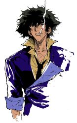 Rule 34 | 1boy, absurdres, black hair, black necktie, blue jacket, brown eyes, cigarette, collared shirt, cowboy bebop, dirty, dirty face, highres, jacket, looking at viewer, male focus, mouth hold, my nameisyoon, necktie, shirt, simple background, sleeves rolled up, smoking, solo, spike spiegel, upper body, white background, yellow shirt