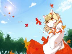 Rule 34 | 1girl, animal nose, arm up, artist name, bare shoulders, blonde hair, blue sky, blush, borrowed character, clothing cutout, cloud, day, ehime mikan (chikoku doumei), facial mark, falling leaves, female focus, forest, furry, furry female, hand on own head, hand up, holding own arm, japanese clothes, kimono, leaf, lens flare, long sleeves, looking to the side, looking up, maple leaf, miko, nature, open mouth, orange eyes, orange outline, original, outdoors, short hair, shoulder cutout, signature, sky, snout, solo, standing, sun, sunlight, swept bangs, tree, two-tone fur, whisker markings, white fur, white kimono, wide sleeves, yellow fur, yhun-chan (kame (3t))