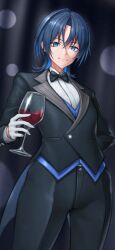 Rule 34 | 1girl, absurdres, arm behind back, black bow, black bowtie, black pants, black suit, blue eyes, blue hair, bow, bowtie, cup, drinking glass, formal, gloves, highres, hiodoshi ao, holding, holding cup, hololive, hololive dev is, looking at viewer, pants, short hair, skylock, smile, solo, suit, tomboy, virtual youtuber, white gloves, wine glass