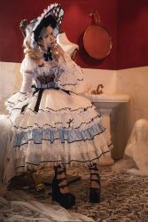 Rule 34 | 1girl, asian, bathtub, black bow, black footwear, blonde hair, blue eyes, bow, chinese (nationality), chunmomo0127, closed mouth, dress, finger in own mouth, heels, highres, indoors, lolita fashion, real life, shoes, sink, sitting on bathtub, white dress