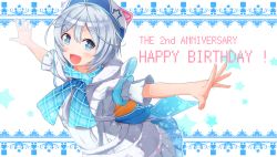 Rule 34 | + +, .live, 1girl, :d, antenna hair, blue eyes, blurry, blush, depth of field, dress, happy birthday, highres, looking at viewer, namae hamada, open mouth, scarf, short hair, short sleeves, silver hair, simple background, dennou shoujo siro, smile, solo, upper body, virtual youtuber, white background, white dress