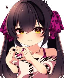 Rule 34 | 1girl, animal print, black hair, blush, collarbone, commentary request, fang, flat chest, hair between eyes, hair ribbon, hands up, heart, heart-shaped pupils, heart hands, highres, idolmaster, idolmaster cinderella girls, jewelry, leopard print, long hair, looking at viewer, maju risa, matoba risa, necklace, purple ribbon, ribbon, shirt, short sleeves, sidelocks, skin fang, solo, sweat, symbol-shaped pupils, twintails, upper body, white background, white shirt, yellow eyes, zebra print