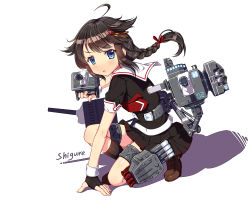 Rule 34 | &gt;:o, 10s, 1girl, :o, ahoge, bad id, bad pixiv id, blue eyes, braid, brown hair, cannon, character name, cnm, commentary, fingerless gloves, gloves, hair flaps, hair ornament, hair ribbon, kantai collection, kneehighs, kneeling, looking at viewer, machinery, necktie, pleated skirt, ribbon, school uniform, serafuku, shigure (kancolle), shigure kai ni (kancolle), shoes, single braid, skirt, socks, solo, turret, v-shaped eyebrows