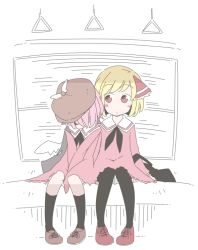 Rule 34 | 2girls, blonde hair, blush stickers, contemporary, jagabutter, leaning on person, multiple girls, mystia lorelei, pantyhose, partially colored, pink hair, rumia, school uniform, short hair, sitting, sketch, sleeping, touhou, train interior
