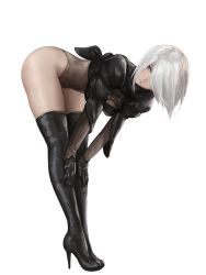 Rule 34 | 1girl, bent over, black footwear, blue eyes, boots, cleavage cutout, clothing cutout, elbow gloves, gloves, hair over one eye, high heel boots, high heels, highres, kurone rinka, leaning forward, leotard, looking to the side, mole, mole under mouth, nier:automata, nier (series), painting (medium), puffy sleeves, short hair, simple background, sleeves rolled up, solo, thigh boots, thighhighs, traditional media, two-tone gloves, watercolor (medium), white background, 2b (nier:automata)