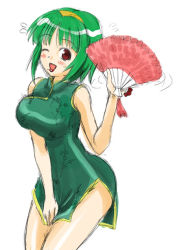 Rule 34 | 1girl, blush, breasts, china dress, chinese clothes, dress, dress tug, female focus, green dress, green hair, hand fan, holding, large breasts, looking at viewer, one eye closed, open mouth, red eyes, saizuka mio, simple background, solo, white background, wink