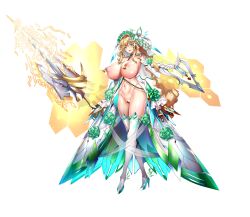 1girl bell_piercing blonde_hair blue_eyes breasts bridal_veil censored energy_barrier energy_shield full_body green_eyes high_heels highres holding holding_polearm holding_weapon huge_breasts lance large_breasts long_hair navel nipple_bells nipple_piercing nipple_rings nude official_art original piercing polearm q_azieru revealing_clothes smile solo standing star_lusts veil very_long_hair weapon white_background