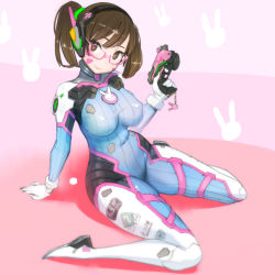 Rule 34 | 1girl, alternate breast size, alternate hairstyle, animal print, arm at side, arm support, armor, bespectacled, bodysuit, boots, bracer, breasts, brown hair, character name, charm (object), closed mouth, covered erect nipples, covered navel, d.va (overwatch), emblem, eyebrows, eyelashes, facepaint, facial mark, finger on trigger, glasses, gloves, gun, hair ornament, hair tie, handgun, head tilt, headphones, heart, heart-shaped pupils, holding, holding gun, holding weapon, large breasts, lips, lipstick, logo, long hair, long sleeves, makeup, mecha, overwatch, overwatch 1, pauldrons, pilot suit, pink-framed eyewear, pink crown, pink lips, ponytail, rabbit print, ribbed bodysuit, robot, semi-rimless eyewear, shoulder armor, shoulder pads, sitting, skin tight, smile, solo, symbol-shaped pupils, thigh boots, thigh strap, thighhighs, turtleneck, under-rim eyewear, wariza, weapon, whisker markings, white footwear, white gloves