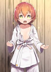 Rule 34 | 10s, 1girl, clenched hands, collarbone, cowboy shot, diamond-shaped pupils, diamond (shape), dougi, flat chest, highres, hoshizora rin, karate gi, long sleeves, looking at viewer, love live!, love live! school idol project, no bra, open clothes, open mouth, orange hair, shipii (jigglypuff), short hair, smile, solo, sparkle, standing, sweat, symbol-shaped pupils, textless version, v-shaped eyebrows, wooden wall, yellow eyes