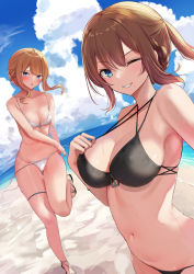 Rule 34 | 2girls, alternate costume, azur lane, bare arms, bare shoulders, bikini, black bikini, blonde hair, blue eyes, blue sky, blush, breasts, brown hair, cleavage, cloud, cloudy sky, collarbone, commentary request, cowboy shot, cross-laced clothes, day, full body, grin, hair between eyes, halterneck, hand on own chest, large breasts, leg up, long hair, looking at viewer, multi-strapped bikini, multiple girls, navel, one eye closed, open mouth, outdoors, partial commentary, ponytail, pulling own clothes, raised eyebrows, renown (azur lane), repulse (azur lane), sand, sandals, schreibe shura, shadow, sidelocks, skindentation, sky, smile, standing, standing on one leg, stomach, strap pull, string bikini, swimsuit, thigh strap, untied bikini, wardrobe malfunction, wet, white bikini