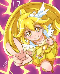 Rule 34 | 10s, 1girl, blonde hair, bow, brooch, chocokin, cure peace, earrings, electricity, full body, hair flaps, jewelry, kise yayoi, long hair, looking at viewer, magical girl, precure, purple background, signature, skirt, smile, smile precure!, solo, v, wrist cuffs, yellow bow, yellow eyes, yellow skirt