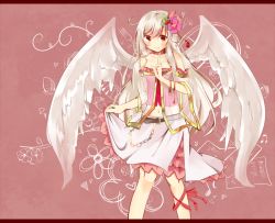 Rule 34 | 1girl, angel wings, bare shoulders, belt, bracelet, chain, cherry blossoms, clothes lift, collarbone, flower, food, fork, fruit, hair flower, hair ornament, jewelry, leg ribbon, letterboxed, long hair, looking at viewer, midriff, musical note, navel, original, paper, red eyes, ribbon, see-through, shirt, silver hair, skirt, skirt lift, smile, solo, strawberry, tamagogayu1998, very long hair, wide sleeves, wings