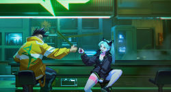 Rule 34 | 1boy, 1girl, absurdres, aqua hair, artificial eye, bar (place), bar stool, black footwear, black hairband, black jacket, bottle, breasts, bu hui hua hua de mitu qingnian, cleavage, closed eyes, colored sclera, colored skin, commentary request, cup, cyberpunk (series), cyberpunk edgerunners, david martinez, green eyes, hairband, headgear, highres, holding, holding cup, indoors, jacket, leg tattoo, long hair, long sleeves, mechanical eye, medium breasts, mohawk, neck tattoo, open mouth, pants, partially unzipped, petite, puffy long sleeves, puffy sleeves, rebecca (cyberpunk), red pupils, red sclera, refrigerator, samurai jacket (cyberpunk), shoes, short hair, sitting, smile, spread legs, stool, tattoo, tongue, twintails, white skin, yellow jacket