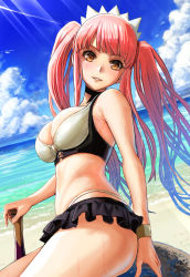 Rule 34 | 1girl, bare shoulders, beach, bikini, black skirt, blue sky, blush, breasts, cleavage, day, dousunnen, fate/grand order, fate (series), highres, light rays, long hair, looking at viewer, medb (fate), medb (swimsuit saber) (fate), medb (swimsuit saber) (second ascension) (fate), medium breasts, microskirt, ocean, parted lips, pink hair, shore, skirt, sky, smile, sunlight, swimsuit, tiara, twintails, white bikini, yellow eyes