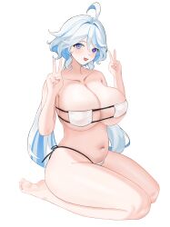 Rule 34 | 1girl, :d, absurdres, ahoge, alternate breast size, bare arms, bare legs, bare shoulders, barefoot, bikini, blue eyes, blue hair, breasts, chinese commentary, collarbone, colored inner hair, commentary request, double v, eyepatch bikini, furina (genshin impact), genshin impact, hands up, highres, huge breasts, long hair, looking at viewer, multicolored hair, navel, open mouth, seiza, simple background, sitting, smile, solo, stomach, strapless, strapless bikini, swimsuit, thighs, v, very long hair, white background, white bikini, white hair, zzyan