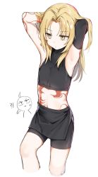 Rule 34 | !?, 2boys, arms up, bad id, bad pixiv id, black gloves, black shorts, blonde hair, bodypaint, character request, closed mouth, edward elric, elbow gloves, fullmetal alchemist, gloves, hands in hair, highres, hufy, long hair, male focus, multiple boys, shorts, simple background, single elbow glove, single glove, sweat, tattoo, white background, yellow eyes