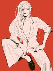Rule 34 | 1girl, absurdres, breasts, butter skittles, buttons, earrings, formal, green eyes, haiba arisa, haikyuu!!, highres, jacket, jewelry, long hair, looking at viewer, nail polish, no bra, pant suit, pants, red lips, shoes, solo, suit