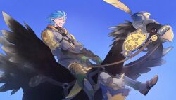 Rule 34 | 1boy, ^ ^, armor, barding, bird, blue hair, blue sky, breastplate, chocobo, clear sky, closed eyes, day, earclip, elbow gloves, elezen, elf, film grain, final fantasy, final fantasy xiv, flying, from side, full body, gloves, greaves, green gloves, haurchefant greystone, holding, holding reins, male focus, open mouth, outdoors, pauldrons, pointy ears, pouch, reins, riding, riding animal, riding bird, short hair, shoulder armor, sitting, sky, smile, spread wings, suzuka (su9111suzu), wind