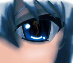Rule 34 | 1girl, blonde hair, blue eyes, cirno, close-up, embodiment of scarlet devil, eye focus, eye reflection, grin, outstretched hand, reflection, rumia, smile, solo, touhou