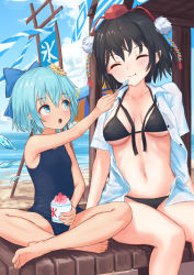 Rule 34 | 2girls, :o, :t, ^ ^, bare arms, bare legs, bare shoulders, barefoot, beach, bikini, black bikini, black hair, black ribbon, blue bow, blue eyes, blue hair, blue one-piece swimsuit, blue sky, blush, bow, breasts, cirno, closed eyes, cloud, collarbone, commentary request, day, feeding, feet out of frame, flower, food, hair between eyes, hair bow, hair flower, hair ornament, hat, highres, holding, holding food, ice, ice wings, indian style, looking at another, medium breasts, multiple girls, navel, ocean, one-piece swimsuit, open clothes, open mouth, open shirt, outdoors, pointy ears, pom pom (clothes), ribbon, roke (taikodon), shameimaru aya, shaved ice, shirt, short hair, short sleeves, sitting, sky, smile, stomach, sunflower, swimsuit, tassel, thighs, tokin hat, touhou, translated, white shirt, wings