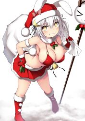 Rule 34 | &gt; &lt;, 1girl, absurdres, animal ears, bikini, bikini top only, blush, boots, breasts, christmas, fur trim, gloves, hat, highres, holding, holding sack, holly, kuromayu, large breasts, looking at viewer, miniskirt, original, pom pom (clothes), rabbit ears, rabbit tail, red bikini, red footwear, red gloves, red skirt, sack, santa costume, santa hat, skirt, snow, solo, standing, swimsuit, tail, white hair, yellow eyes