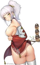 Rule 34 | 1girl, absurdres, ass, bare shoulders, bird, blunt bangs, blush, branch, breasts, character request, clenched hand, clothes lift, copyright request, hair ribbon, highres, large breasts, long hair, looking at viewer, mole, mole on arm, no panties, owl, ribbon, romana, sideboob, sidelocks, silver hair, simple background, skirt, skirt lift, solo, tassel, thighhighs, twitter username, white background, white thighhighs, yellow eyes