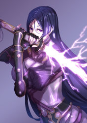 Rule 34 | 1girl, blue hair, bodysuit, breasts, electricity, fantasy, fate/grand order, fate (series), fingerless gloves, gloves, katana, large breasts, long hair, minamoto no raikou (fate), purple background, purple bodysuit, purple eyes, simple background, solo, sword, weapon, whitem (whiteemperor2020)