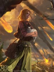 Rule 34 | animal, bag, belt, blonde hair, blue eyes, brown vest, cat, copyright name, dated, diego cunha, earrings, green skirt, handbag, highres, holding, holding animal, holding cat, jewelry, legend of the cryptids, looking to the side, meteor, outdoors, skirt, solo, standing, vest, watermark