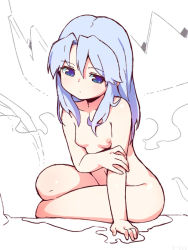 Rule 34 | 1girl, blue eyes, blue hair, breasts, chunsoft, completely nude, dragon quest, dragon quest iii, enix, long hair, matching hair/eyes, nipples, nude, om (nk2007), sage (dq3), sitting, small breasts, solo
