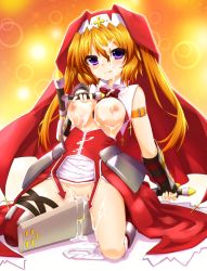 Rule 34 | 10s, 1girl, armband, armor, blush, boots, bow, breasts, breasts out, buckle, chantez apinion, cross, faulds, fingerless gloves, gauntlets, gloves, gradient background, grinding, habit, kneeling, licking lips, long hair, looking at viewer, lyrical nanoha, mahou shoujo lyrical nanoha vivid, mizunashi (second run), nipples, nun, open clothes, orange background, orange hair, panties, panties around leg, purple eyes, pussy, sexually suggestive, skirt, smile, solo, suggestive fluid, thigh strap, tonfa, tongue, tongue out, underwear, weapon