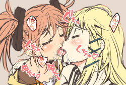 Rule 34 | 10s, 2girls, aihara enju, bare shoulders, bisexual, bisexual female, black bullet, blonde hair, blush, closed eyes, cum, cum in mouth, cum on tongue, cum swap, cumdrip, hair ornament, hand on shoulder, kiss, long hair, multiple girls, open mouth, orange hair, simple background, sketch, suzuki24, tina sprout, tongue, tongue out