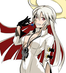 Rule 34 | 1girl, ahoge, ankh, arm strap, black gloves, bodysuit, breasts, breasts apart, buckle, candy, center opening, cleavage, spiked halo, cowboy shot, cross, cross necklace, food, from side, gloves, grin, guilty gear, guilty gear xrd, hair between eyes, halo, holding, jack-o&#039; valentine, jewelry, large breasts, lollipop, long hair, looking at viewer, multicolored hair, necklace, no bra, red eyes, red hair, sideboob, simple background, smile, solo, two-tone hair, unu (unucence), very long hair, white background, white hair