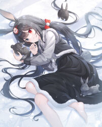 Rule 34 | 1girl, absurdres, ahoge, animal ears, barefoot, black eyes, black hair, black hanbok, black skirt, bow, closed mouth, commentary, english commentary, foot out of frame, fur trim, hair bow, hair ornament, hanbok, hands up, heterochromia, highres, korean clothes, looking at animal, low twintails, lying, on ground, on side, original, pom pom (clothes), pom pom hair ornament, rabbit, rabbit ears, rabbit girl, rabbit tail, red eyes, shadow, skirt, smile, snow, solo, ssalgolae, sunlight, tail, twintails