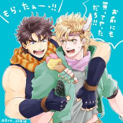 Rule 34 | 2boys, battle tendency, blonde hair, blue eyes, brown hair, caesar anthonio zeppeli, commentary request, crop top, facial mark, feather hair ornament, feathers, fingerless gloves, food, gloves, green eyes, grm jogio, hair ornament, highres, holding, holding another&#039;s wrist, holding food, holding ice cream, ice cream, ice cream cone, jojo no kimyou na bouken, joseph joestar, joseph joestar (young), looking at another, male focus, multiple boys, muscular, open mouth, pants, scarf, shirt, shirt grab, short hair, smile, striped clothes, striped scarf, sweatdrop, translation request, triangle print, yaoi