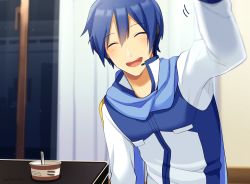 Rule 34 | 1boy, blue hair, blue nails, blue scarf, coat, commentary, curtains, closed eyes, facing viewer, food, hand up, headset, ice cream, ice cream cup, indoors, kaito (vocaloid), male focus, nail polish, night, nokuhashi, open mouth, outstretched arm, headpat, pov, room, scarf, smile, spoon, upper body, vocaloid, white coat, window