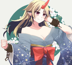 Rule 34 | 1girl, bare shoulders, blonde hair, bow, breasts, cleavage, clenched hand, collarbone, cuffs, flower, framed, hand on own cheek, hand on own face, hibiki0504, horns, hoshiguma yuugi, hoshiguma yuugi (kimono), long hair, looking away, obi, off shoulder, pointy ears, red eyes, sash, shackles, single horn, smile, solo, star (symbol), touhou, upper body, wide sleeves