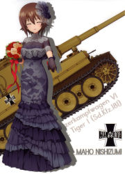 Rule 34 | 10s, 1girl, absurdres, black dress, black gloves, bouquet, breasts, brown hair, character name, cleavage, closed eyes, dress, flower, full body, girls und panzer, gloves, hair between eyes, hair ornament, highres, holding, holding bouquet, jewelry, layered dress, long dress, looking at viewer, medium breasts, military, military vehicle, motor vehicle, nishizumi maho, red flower, red ribbon, ribbon, ring, short hair, smile, solo, standing, tank, tiger i, white background