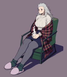 Rule 34 | 1girl, blush, breasts, chair, coffee, dorohedoro, earrings, full body, highres, jewelry, ki (mxxxx), long hair, noi (dorohedoro), pantyhose, pencil skirt, red eyes, simple background, skirt, solo, sweater, white hair
