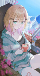 Rule 34 | 1girl, absurdres, black tank top, blob, blonde hair, blush, breasts, cleavage, collarbone, commentary, cup, english commentary, gradient hair, green eyes, hair ornament, hairclip, highres, holding, holding cup, indoors, iris black games, jacket, kurumi noah, lace trim, leg tattoo, looking at viewer, medium breasts, medium hair, multicolored hair, nakashima (pluscolor), pink hair, sidelocks, sitting, solo, striped clothes, striped jacket, tank top, tattoo, unworn eyewear, virtual youtuber, vspo!, window, window shadow
